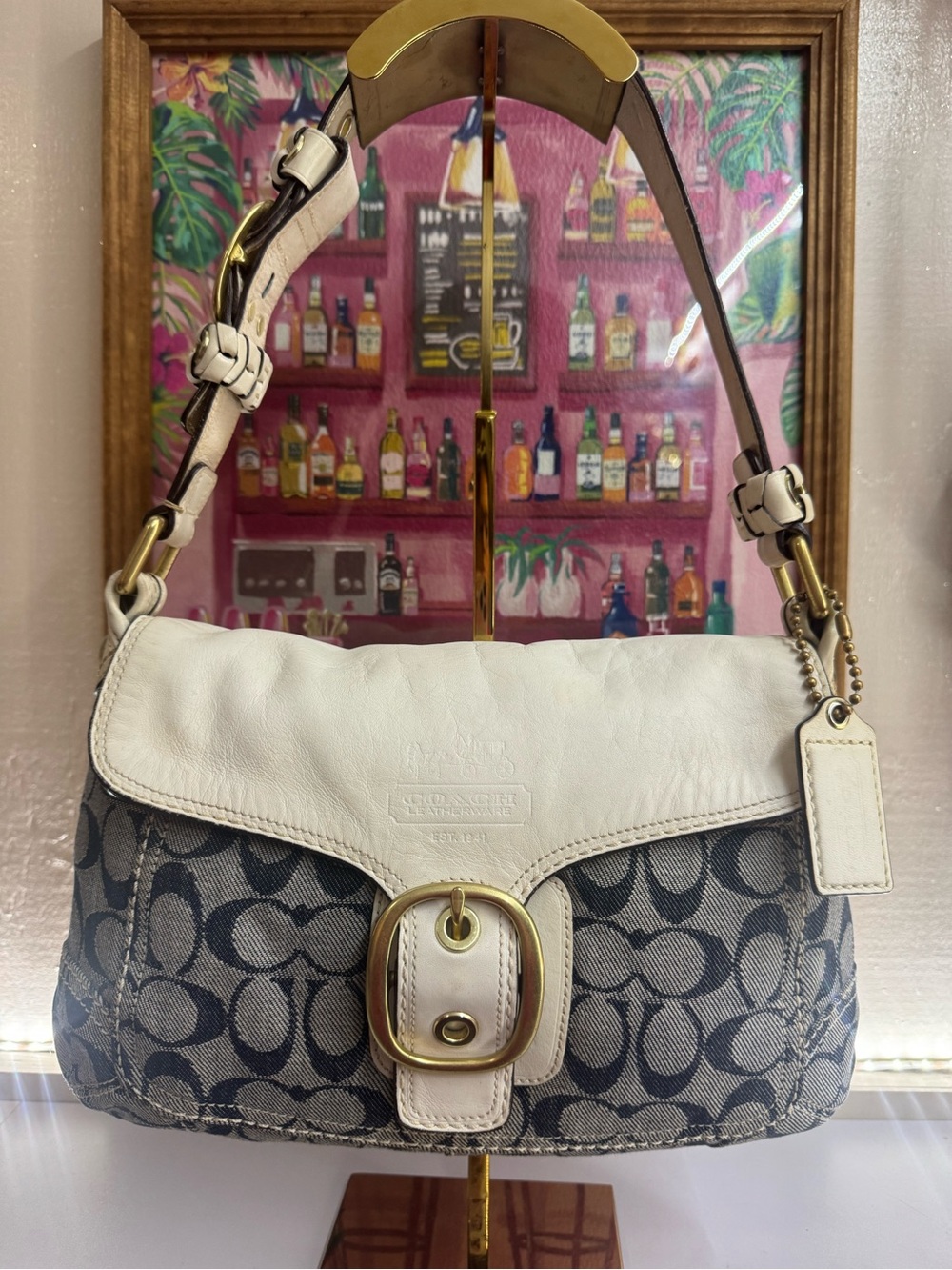 Coach 2007 Bleecker DENIM Signature C Leather Trim Flap Shoulder Bag Exc Cond